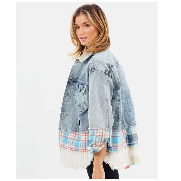 Free People XS/S Sirius Plaid Denim Trucker Shirt Jacket Shacket Bohemian - Picture 4 of 16